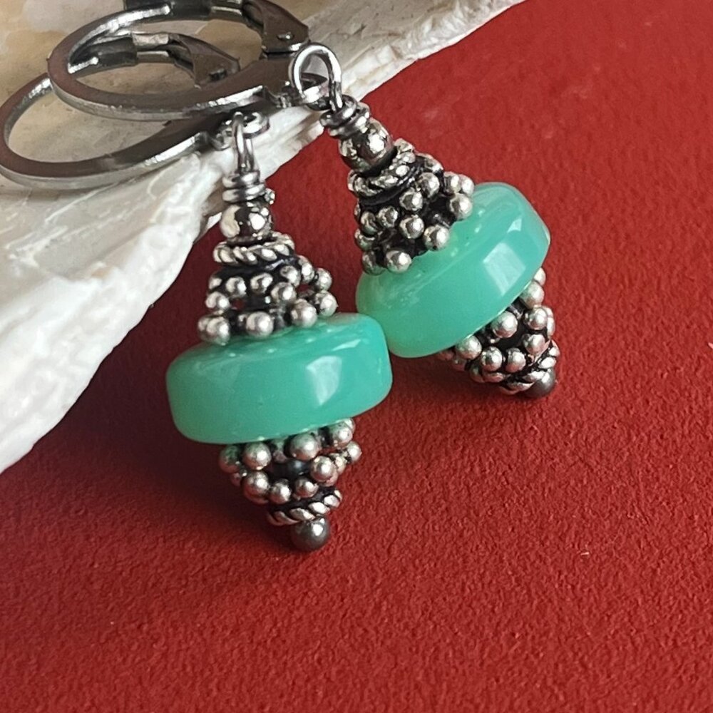 Green Jade Earrings, Silver, Boho Gemstone Earrings